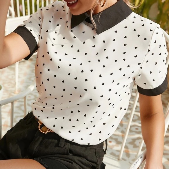 Tops - Black white collar detail color block blouse